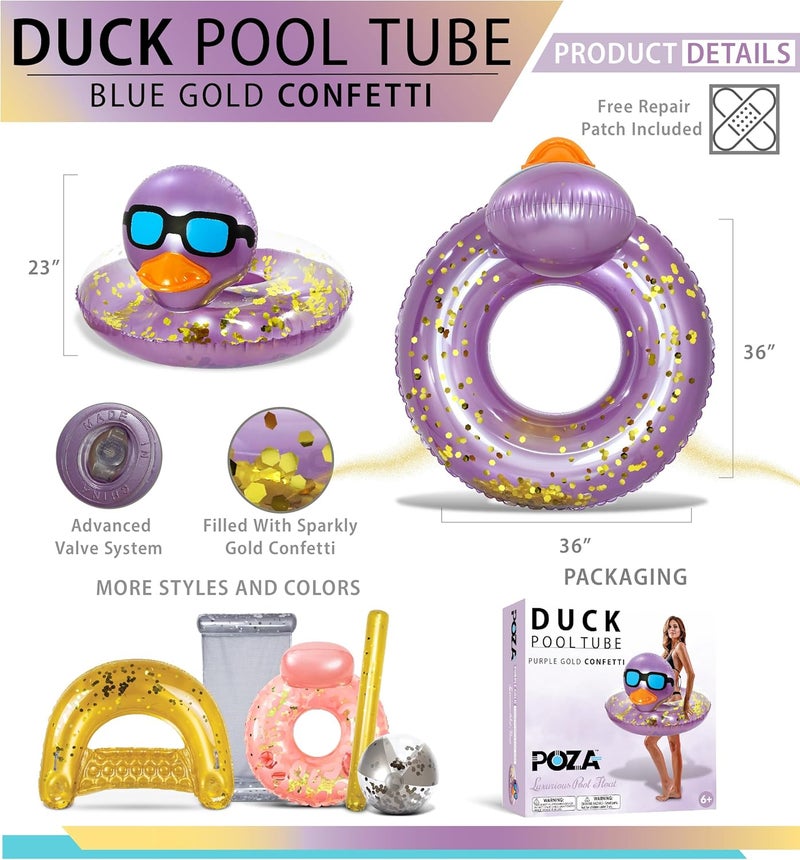 POZA Inflatable Duck Pool Float Tube- Heavy Duty Vinyl UV Resistant Confetti Pool Duck Floatie, Animal Pool Float Swim Ring Pool Inflatables for Kids and Adults for Beach, Party, Vacation - Image 2